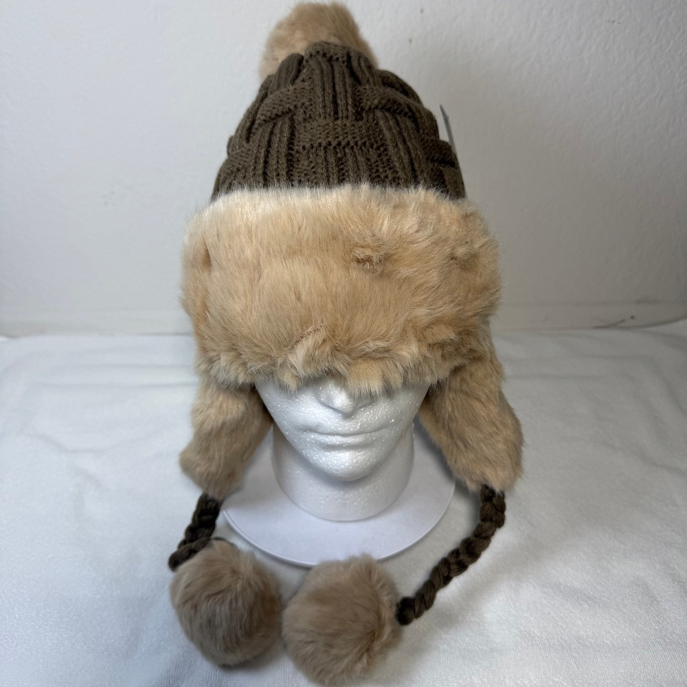 Trapper Hat Womens One Size Brown Faux Fur Cable Knit Pom Pom Winter